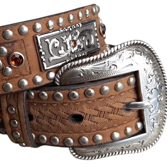 Nocona Leather Jeweled Studded Western Cowgirl Belt SZ 24 - Picture 2 of 11